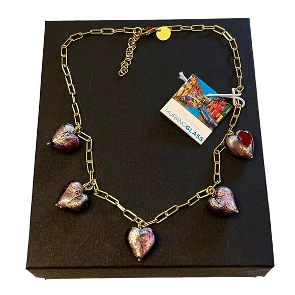NEW Venetian Murano Glass HEARTS NECKLACE Silver Foil Dyadema Made In Italy NWT - Picture 2 of 9